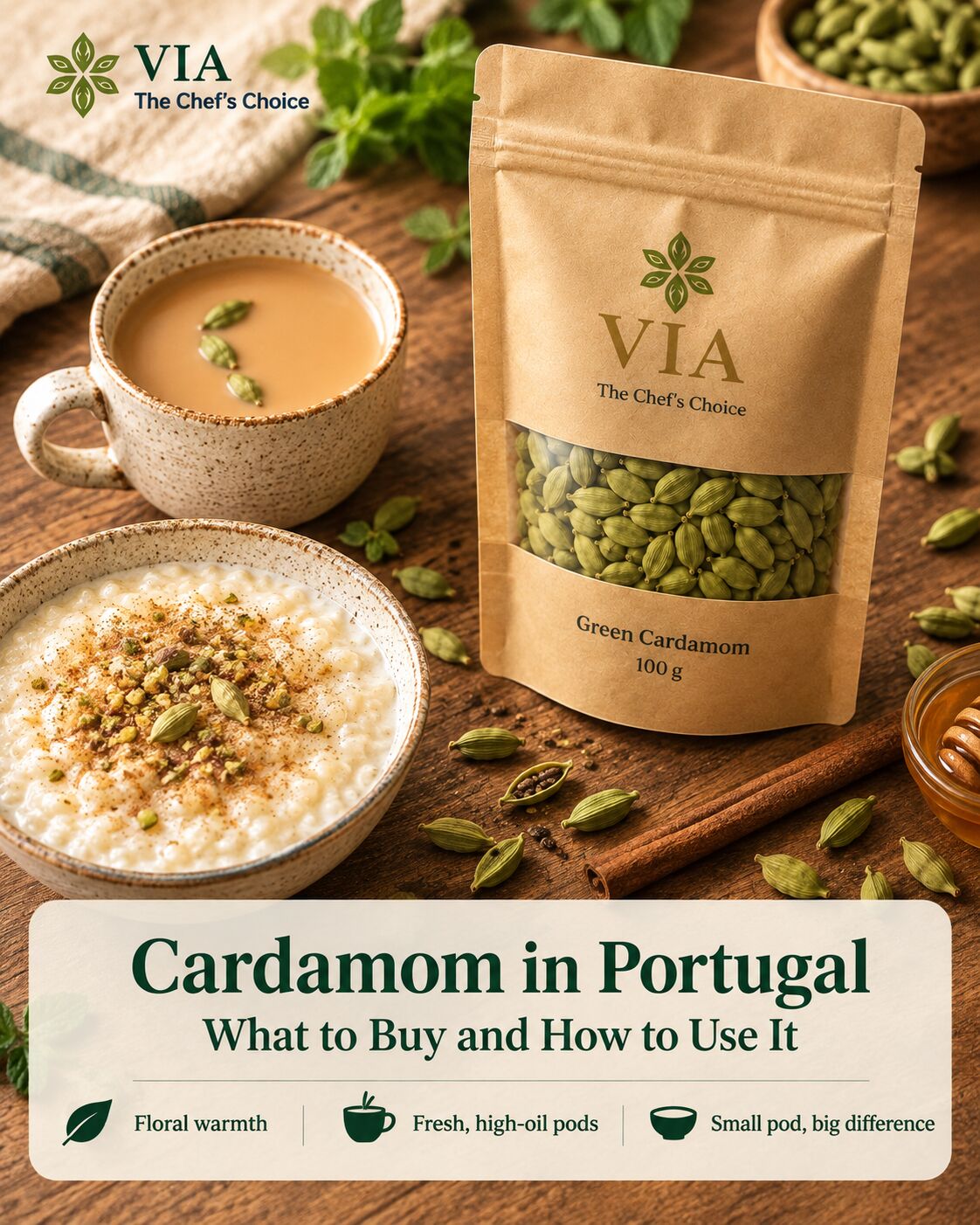 Cardamom pods and tea